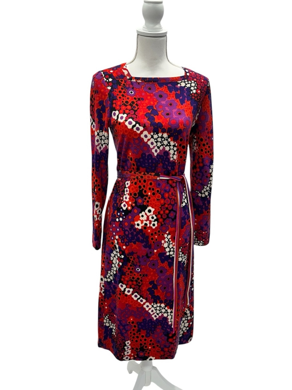 Goldworm Vintage Italy Merino Wool Knit Dress Red Purple Mod Psychedelic Floral